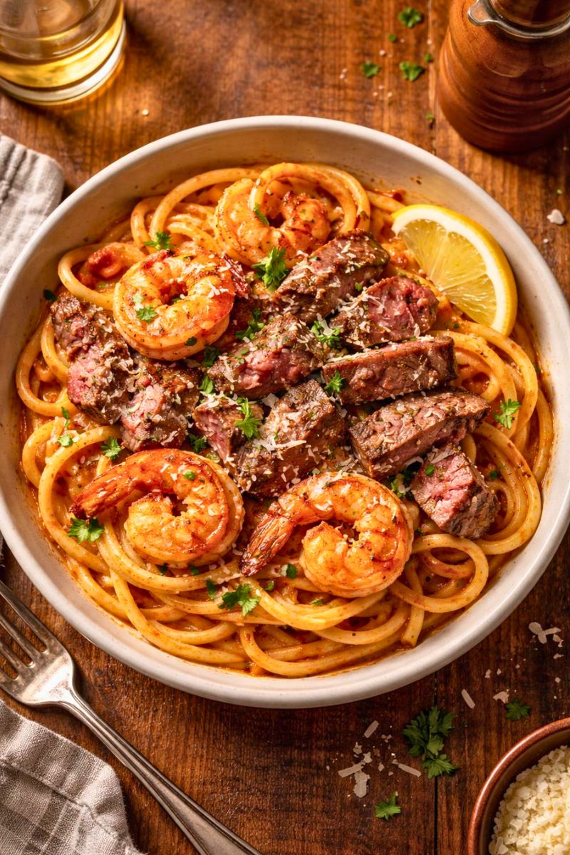 Calabrian Steak and Shrimp Bucatini Recipe